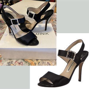 Manolo Blahnik Crystal Jewel Satin Strappy Slingback Sandals Heels Black 38 7.5